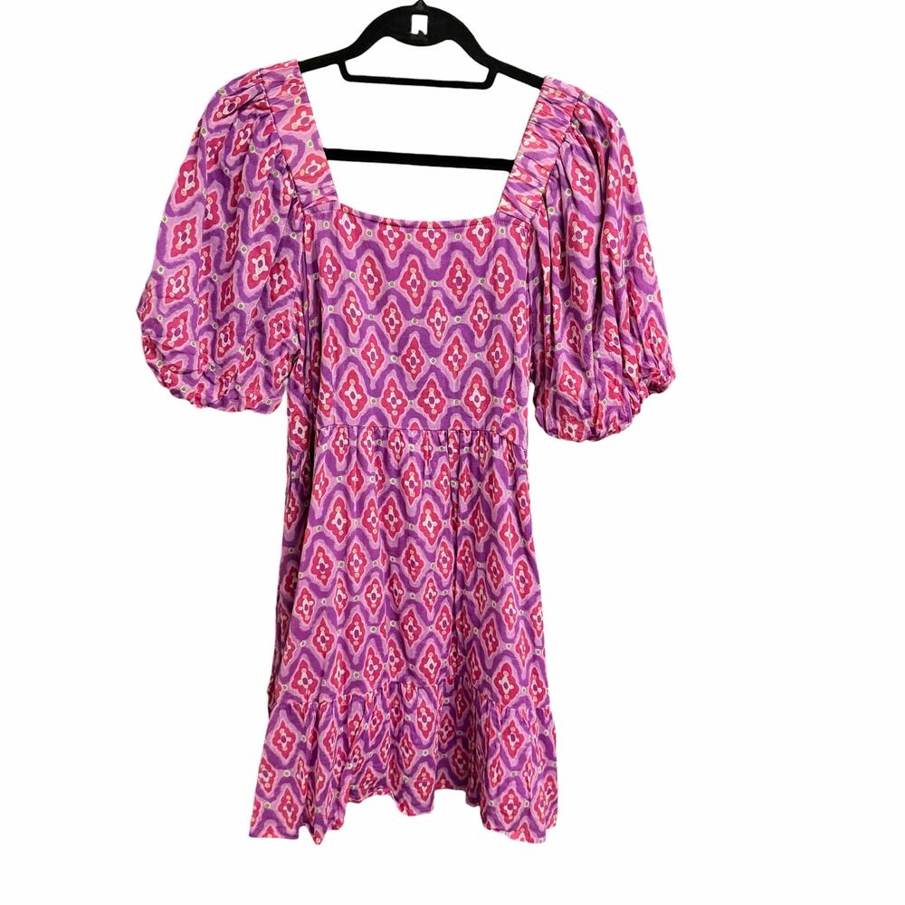 Banjanan Puff Sleeve Harley Dress Pink Purple Geometric Print Womens Large